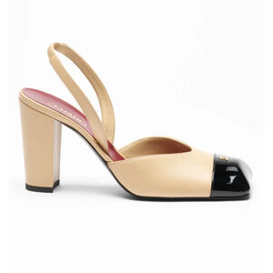 Chanel 26S Blazy Beige Black Square Toe Sling CC Slingback Block Heel Pump 37